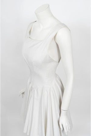 1990 Azzedine Alaia Ivory White Waffle-Cotton Backless Skater Mini Dress