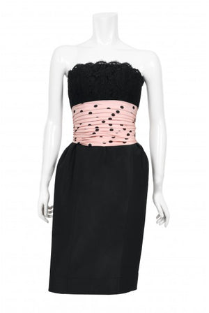 1988 Chanel by Karl Lagerfeld Black Lace & Pink Polka-Dot Silk Dress