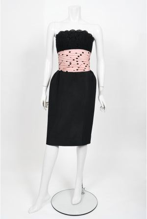 1988 Chanel by Karl Lagerfeld Black Lace & Pink Polka-Dot Silk Dress