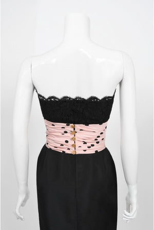 1988 Chanel by Karl Lagerfeld Black Lace & Pink Polka-Dot Silk Dress