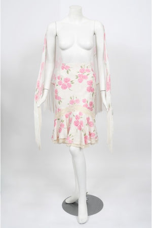 1999 Christian Dior by Galliano Pink Roses Silk Lace Bias-Cut Skirt Set