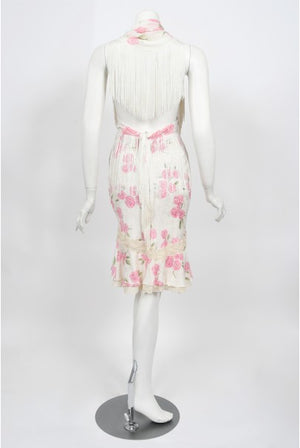 1999 Christian Dior by Galliano Pink Roses Silk Lace Bias-Cut Skirt Set