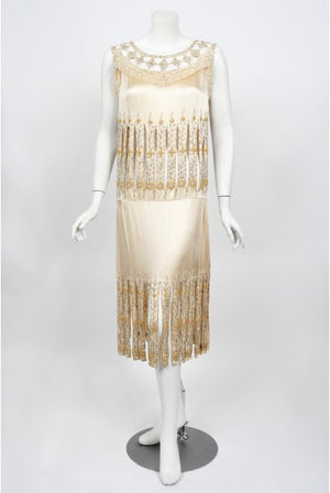 1920s Beaded Rhinestone Cream Silk Birdcage Cut-Out Fringe Flapper Dress