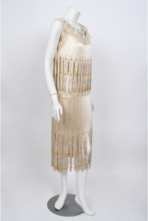 1920s Beaded Rhinestone Cream Silk Birdcage Cut-Out Fringe Flapper Dress