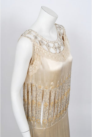 1920s Beaded Rhinestone Cream Silk Birdcage Cut-Out Fringe Flapper Dress