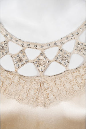 1920s Beaded Rhinestone Cream Silk Birdcage Cut-Out Fringe Flapper Dress