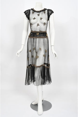 1930's Bette Davis Owned Couture Old Hollywood Sheer Beaded Silk Dress