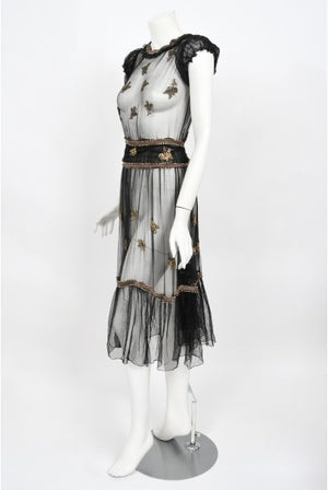 1930's Bette Davis Owned Couture Old Hollywood Sheer Beaded Silk Dress