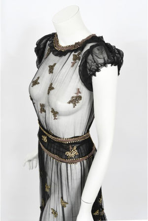 1930's Bette Davis Owned Couture Old Hollywood Sheer Beaded Silk Dress