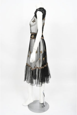 1930's Bette Davis Owned Couture Old Hollywood Sheer Beaded Silk Dress