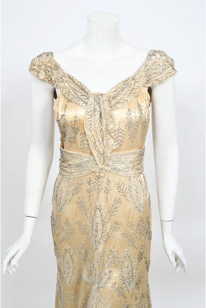 1930's Beaded Rhinestone Candlelight Silk Trained Old Hollywood Gown