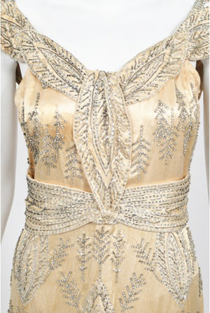 1930's Beaded Rhinestone Candlelight Silk Trained Old Hollywood Gown