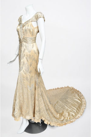 1930's Beaded Rhinestone Candlelight Silk Trained Old Hollywood Gown