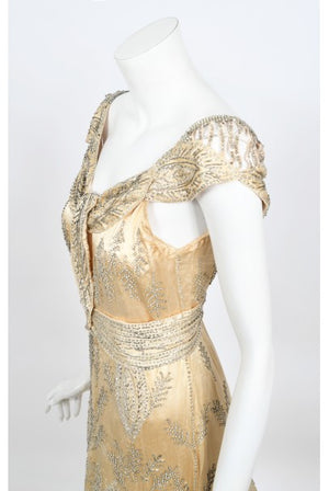 1930's Beaded Rhinestone Candlelight Silk Trained Old Hollywood Gown