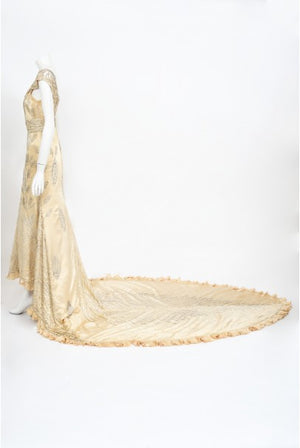 1930's Beaded Rhinestone Candlelight Silk Trained Old Hollywood Gown