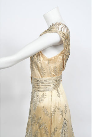 1930's Beaded Rhinestone Candlelight Silk Trained Old Hollywood Gown