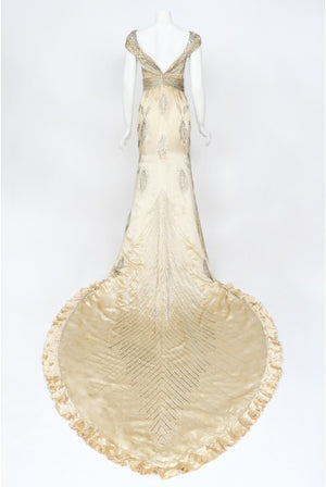 1930's Beaded Rhinestone Candlelight Silk Trained Old Hollywood Gown