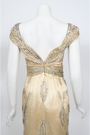 1930's Beaded Rhinestone Candlelight Silk Trained Old Hollywood Gown