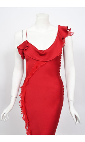 2003 Christian Dior by John Galliano Ruby Red Silk Bias-Cut Ruffle Gown