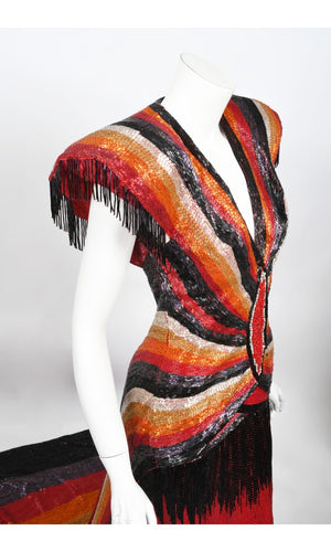 1970s Epic Fully Beaded Couture Backless Bias-Cut Trained Gown Ensemble
