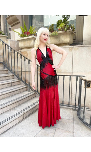 1970s Epic Fully Beaded Couture Backless Bias-Cut Trained Gown Ensemble
