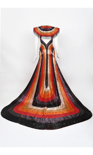 1970s Epic Fully Beaded Couture Backless Bias-Cut Trained Gown Ensemble