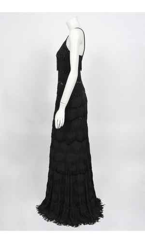 2008 Christian Dior by Galliano Black Silk Beaded Fringe Bias-Cut Gown