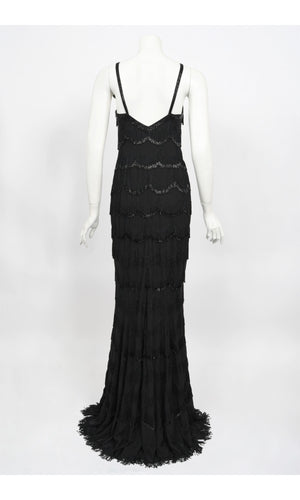 2008 Christian Dior by Galliano Black Silk Beaded Fringe Bias-Cut Gown