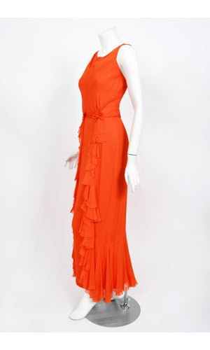 1960's Helen Rose Couture Orange Silk-Chiffon Hourglass Ruffle Gown Set