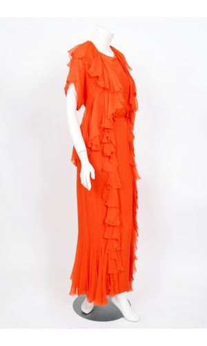 1960's Helen Rose Couture Orange Silk-Chiffon Hourglass Ruffle Gown Set