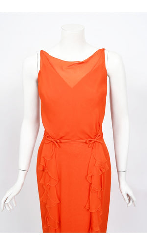 1960's Helen Rose Couture Orange Silk-Chiffon Hourglass Ruffle Gown Set