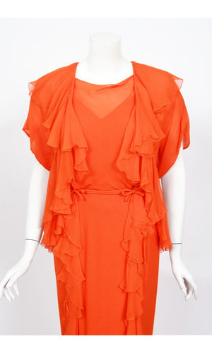 1960's Helen Rose Couture Orange Silk-Chiffon Hourglass Ruffle Gown Set