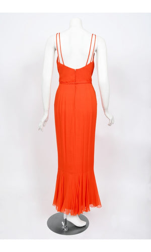 1960's Helen Rose Couture Orange Silk-Chiffon Hourglass Ruffle Gown Set