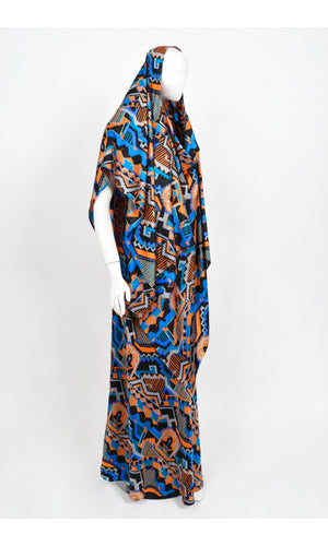 1970's Madame Grès Haute Couture Graphic Print Silk Gown & Hooded Shawl