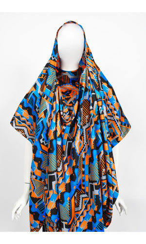 1970's Madame Grès Haute Couture Graphic Print Silk Gown & Hooded Shawl