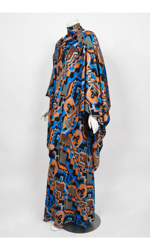 1970's Madame Grès Haute Couture Graphic Print Silk Gown & Hooded Shawl