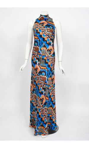 1970's Madame Grès Haute Couture Graphic Print Silk Gown & Hooded Shawl