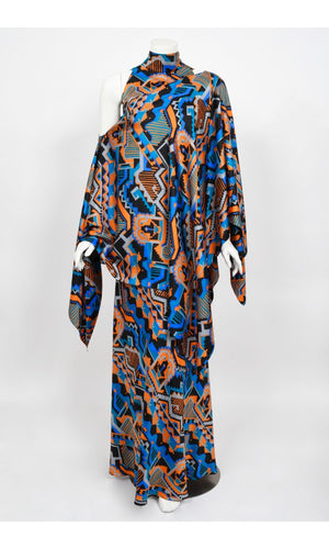 1970's Madame Grès Haute Couture Graphic Print Silk Gown & Hooded Shawl