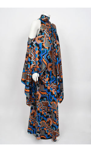 1970's Madame Grès Haute Couture Graphic Print Silk Gown & Hooded Shawl