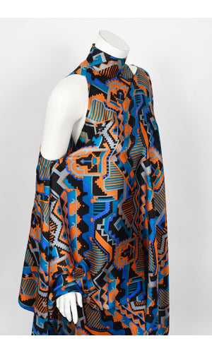 1970's Madame Grès Haute Couture Graphic Print Silk Gown & Hooded Shawl