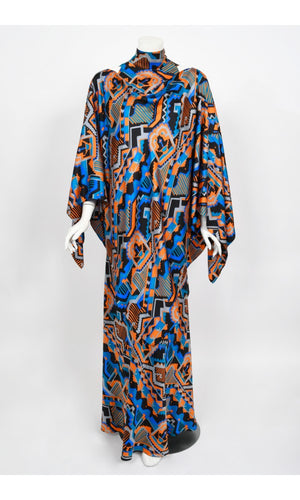 1970's Madame Grès Haute Couture Graphic Print Silk Gown & Hooded Shawl