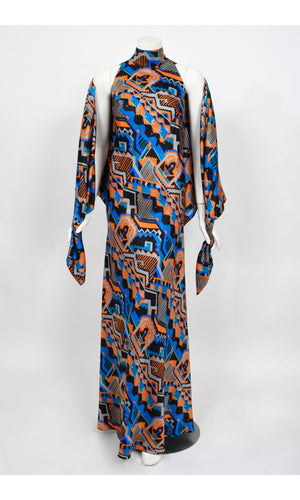 1970's Madame Grès Haute Couture Graphic Print Silk Gown & Hooded Shawl