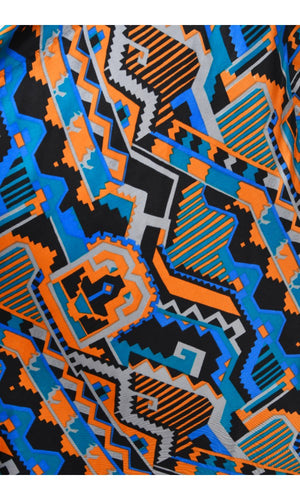 1970's Madame Grès Haute Couture Graphic Print Silk Gown & Hooded Shawl