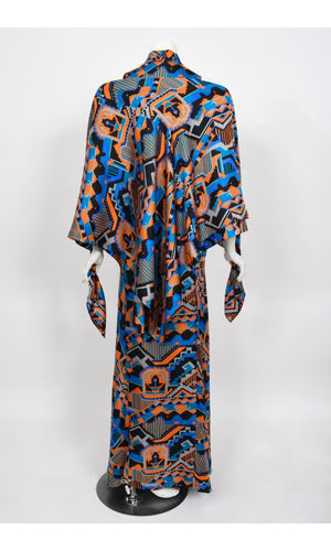 1970's Madame Grès Haute Couture Graphic Print Silk Gown & Hooded Shawl