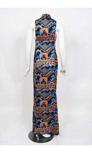 1970's Madame Grès Haute Couture Graphic Print Silk Gown & Hooded Shawl