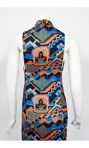 1970's Madame Grès Haute Couture Graphic Print Silk Gown & Hooded Shawl