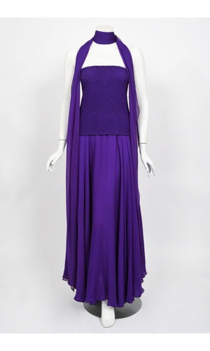 1970's Halston Couture Purple Silk Strapless Tube-Top Maxi Dress Set