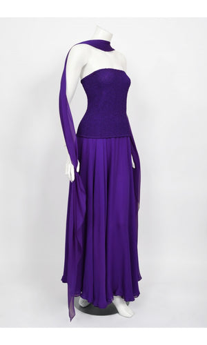1970's Halston Couture Purple Silk Strapless Tube-Top Maxi Dress Set