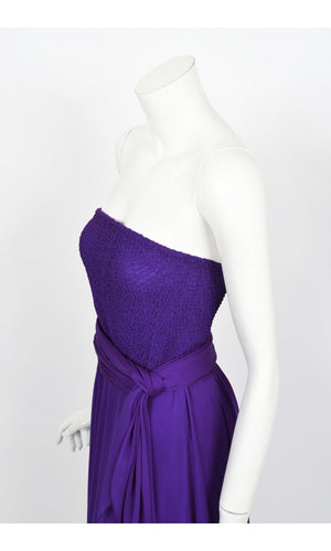 1970's Halston Couture Purple Silk Strapless Tube-Top Maxi Dress Set