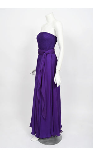 1970's Halston Couture Purple Silk Strapless Tube-Top Maxi Dress Set